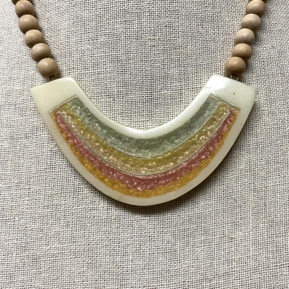 Vintage Pastel Rainbow Wood Bead Necklace Earrings Set - Picture 4 of 8